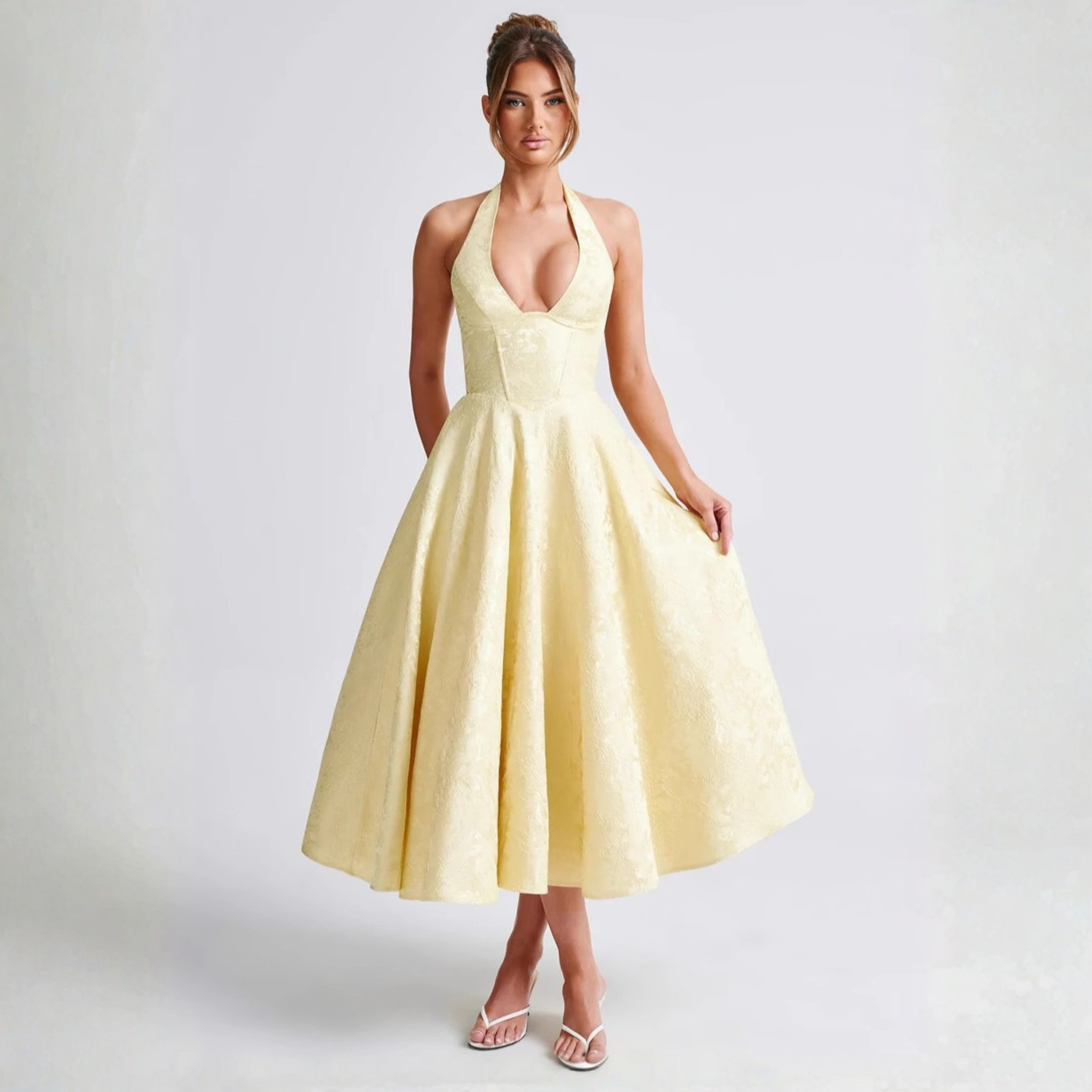 Ziora™| Chic Low Cut Sleeveless Open Back A-Line Halter Maxi Dress