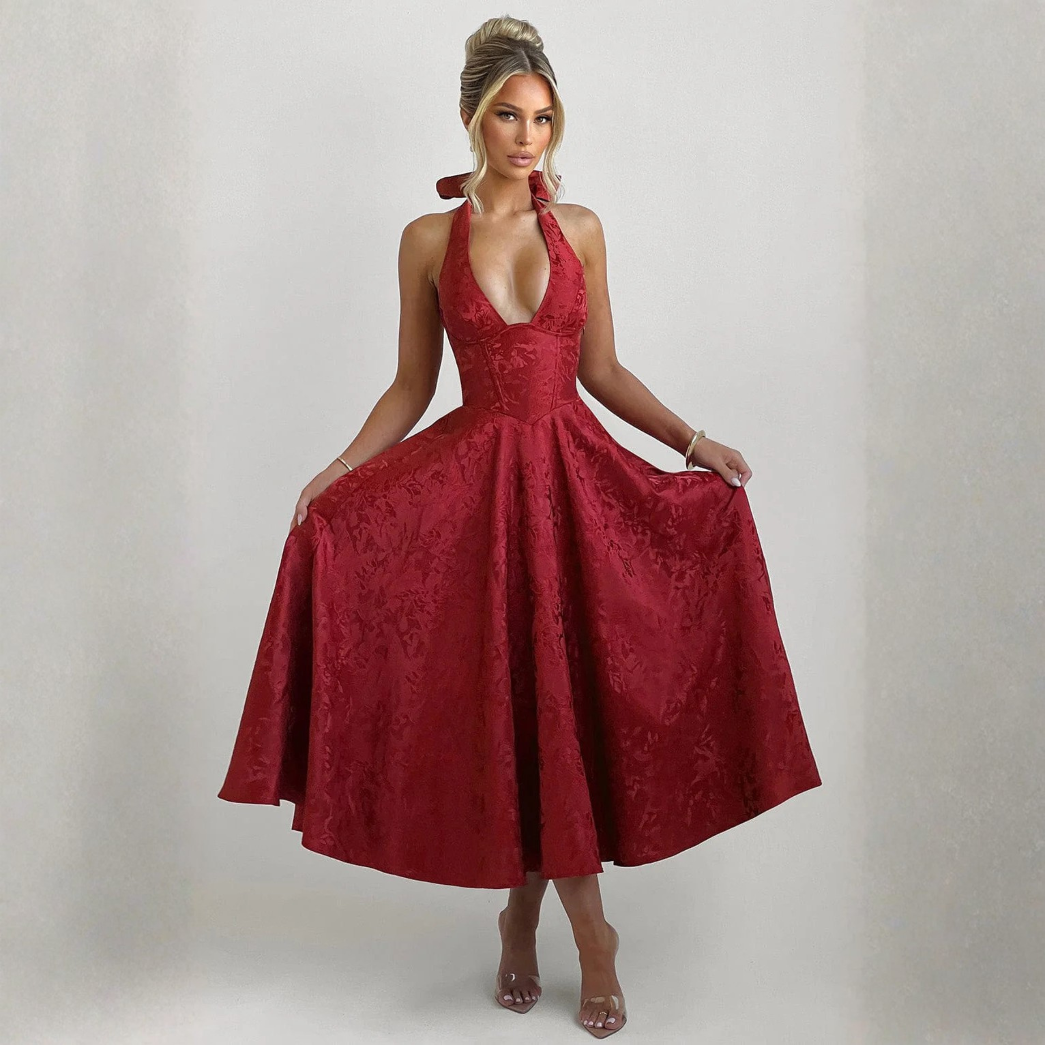 Ziora™| Chic Low Cut Sleeveless Open Back A-Line Halter Maxi Dress