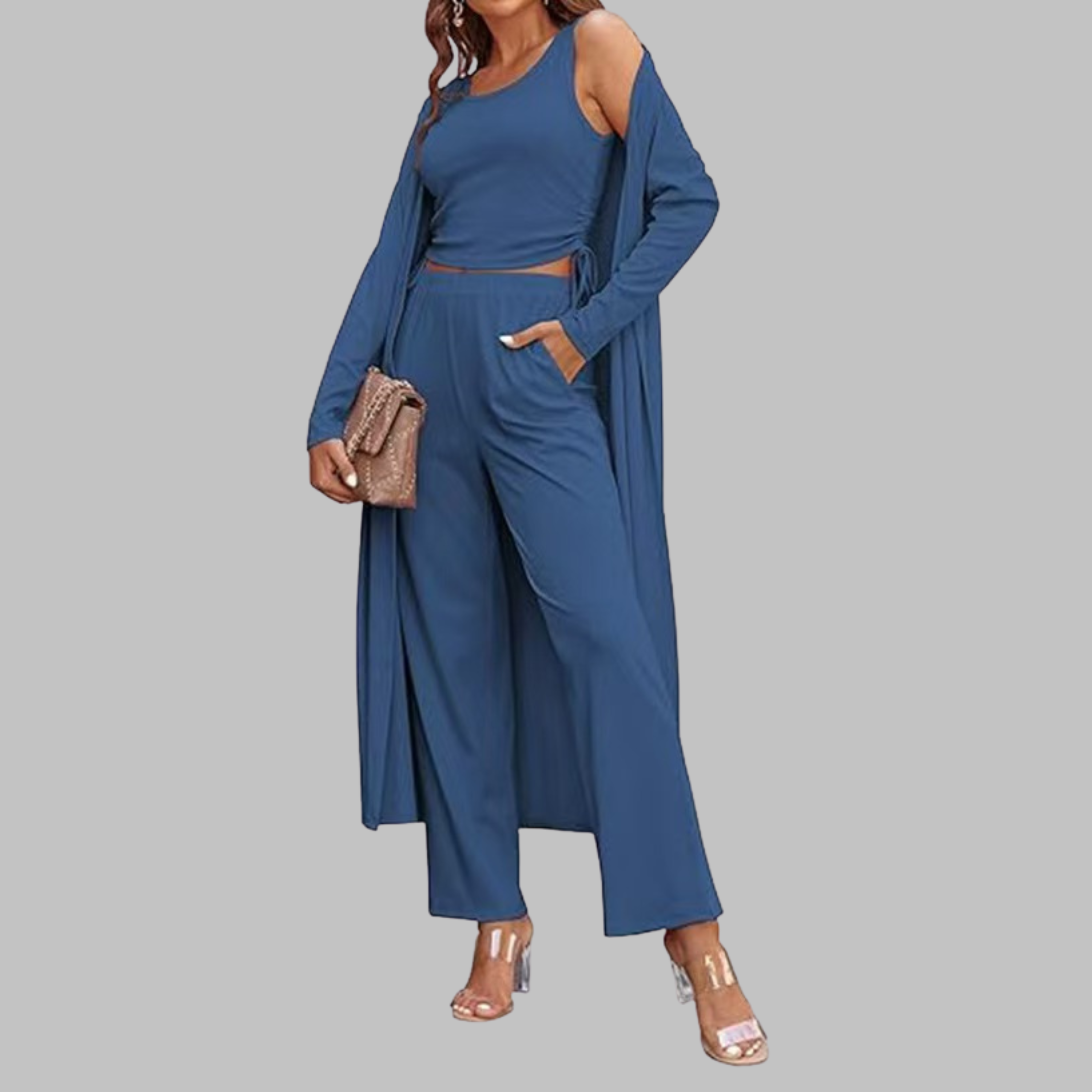 SANORA™ - Casual Lightweight Three Piece Long Cardigan Drawstring Top and Pants Sleepwear