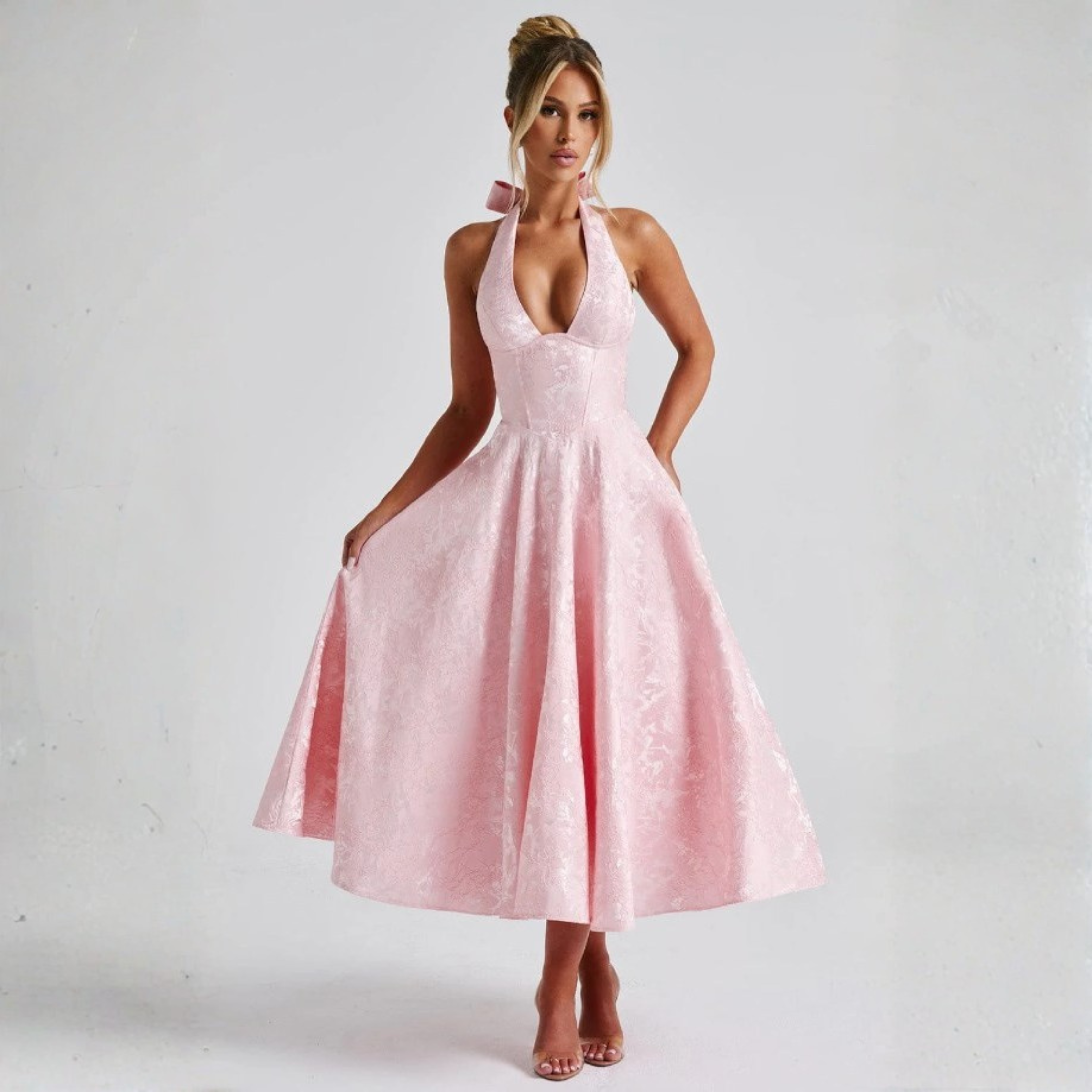 Ziora™| Chic Low Cut Sleeveless Open Back A-Line Halter Maxi Dress