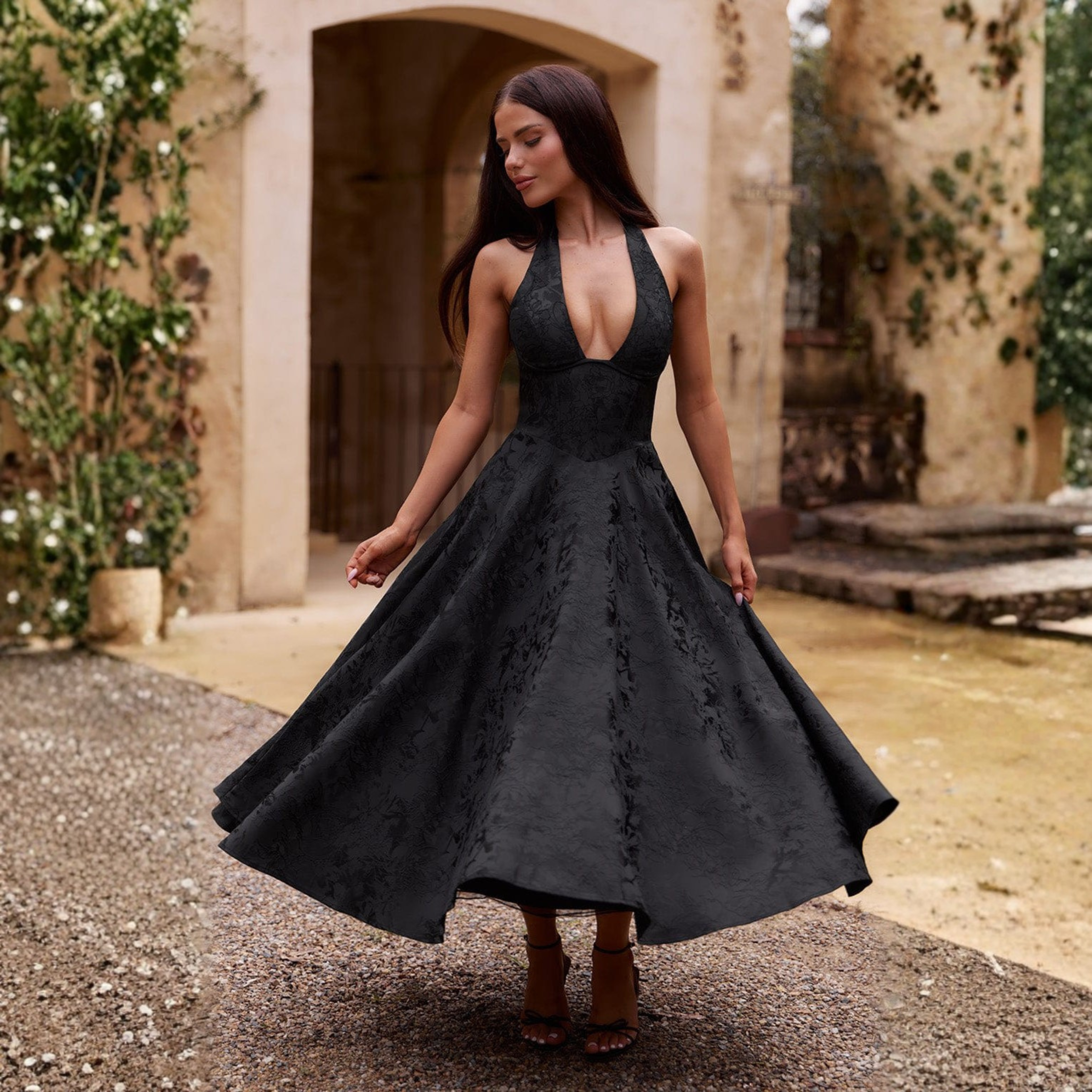 Ziora™| Chic Low Cut Sleeveless Open Back A-Line Halter Maxi Dress