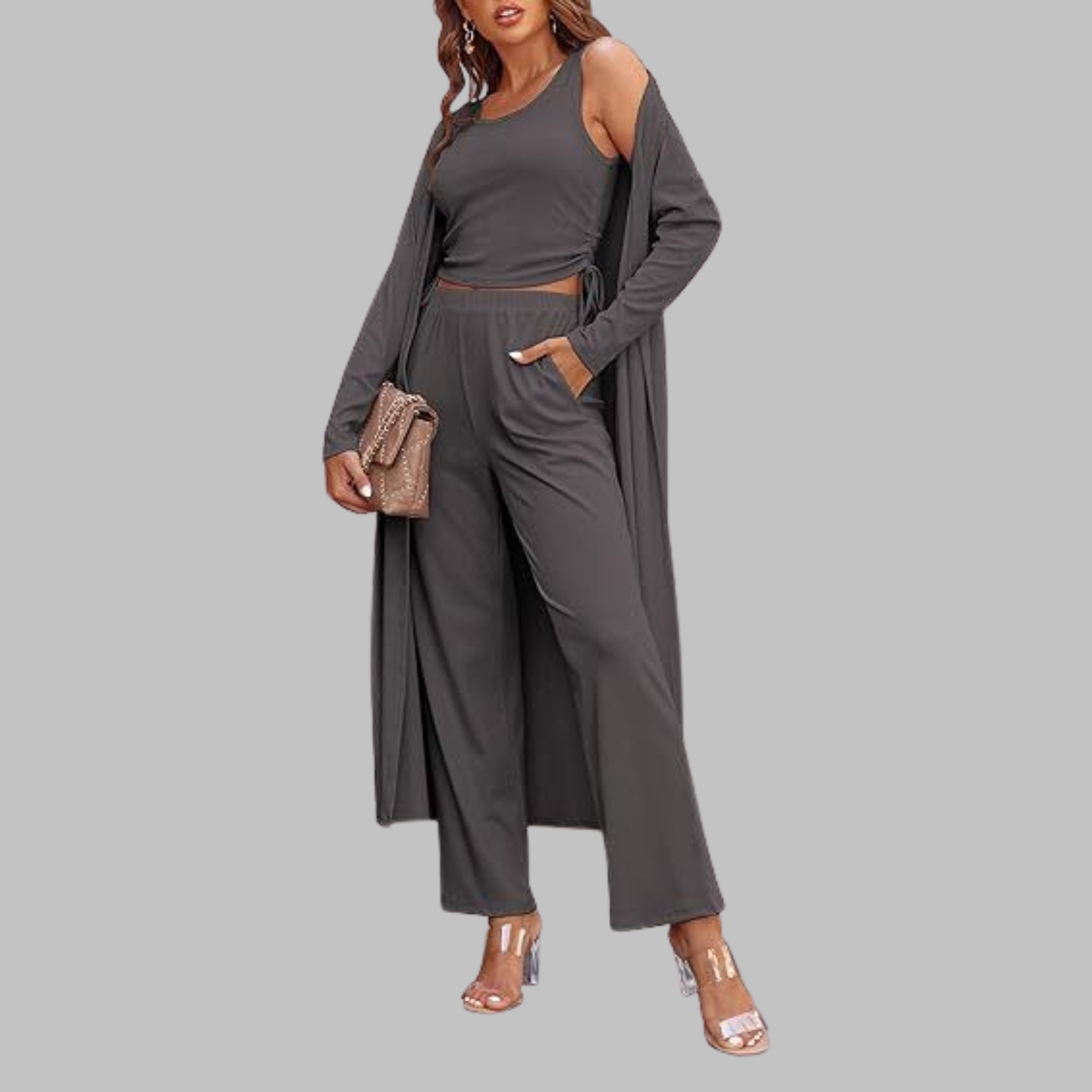 SANORA™ - Casual Lightweight Three Piece Long Cardigan Drawstring Top and Pants Sleepwear