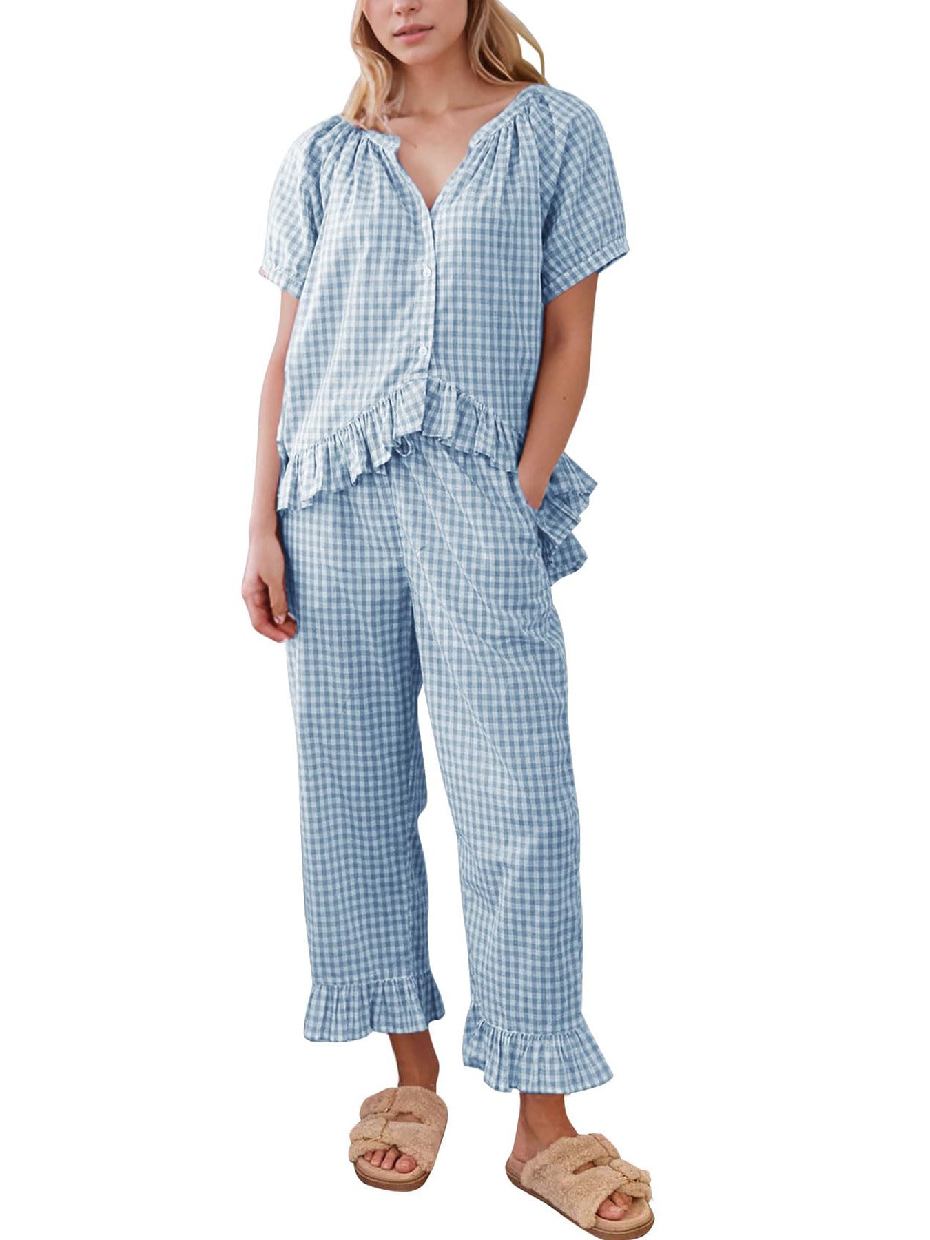 Hadley™ - Gingham Puff Sleeve Ruffle Pajama Set