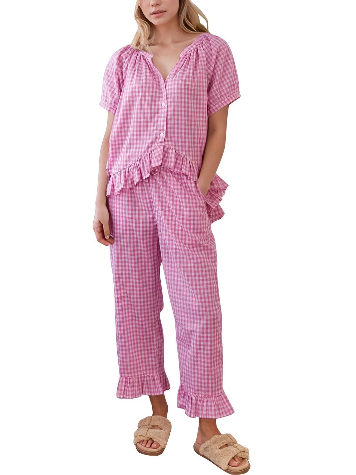 Hadley™ - Gingham Puff Sleeve Ruffle Pajama Set